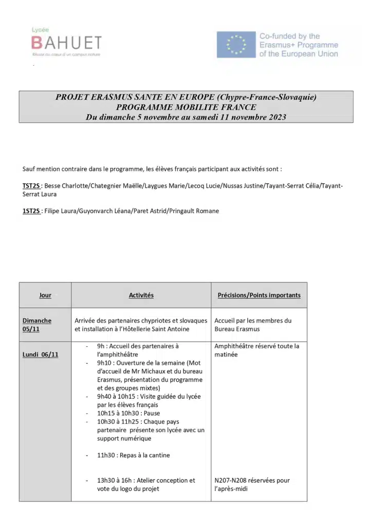 Programme ERASMUS La sante en Europe Lycee BAHUET Page 1