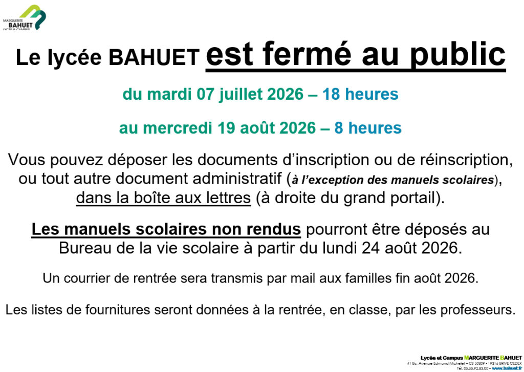 FERMETURE ESTIVALE LYCEE
